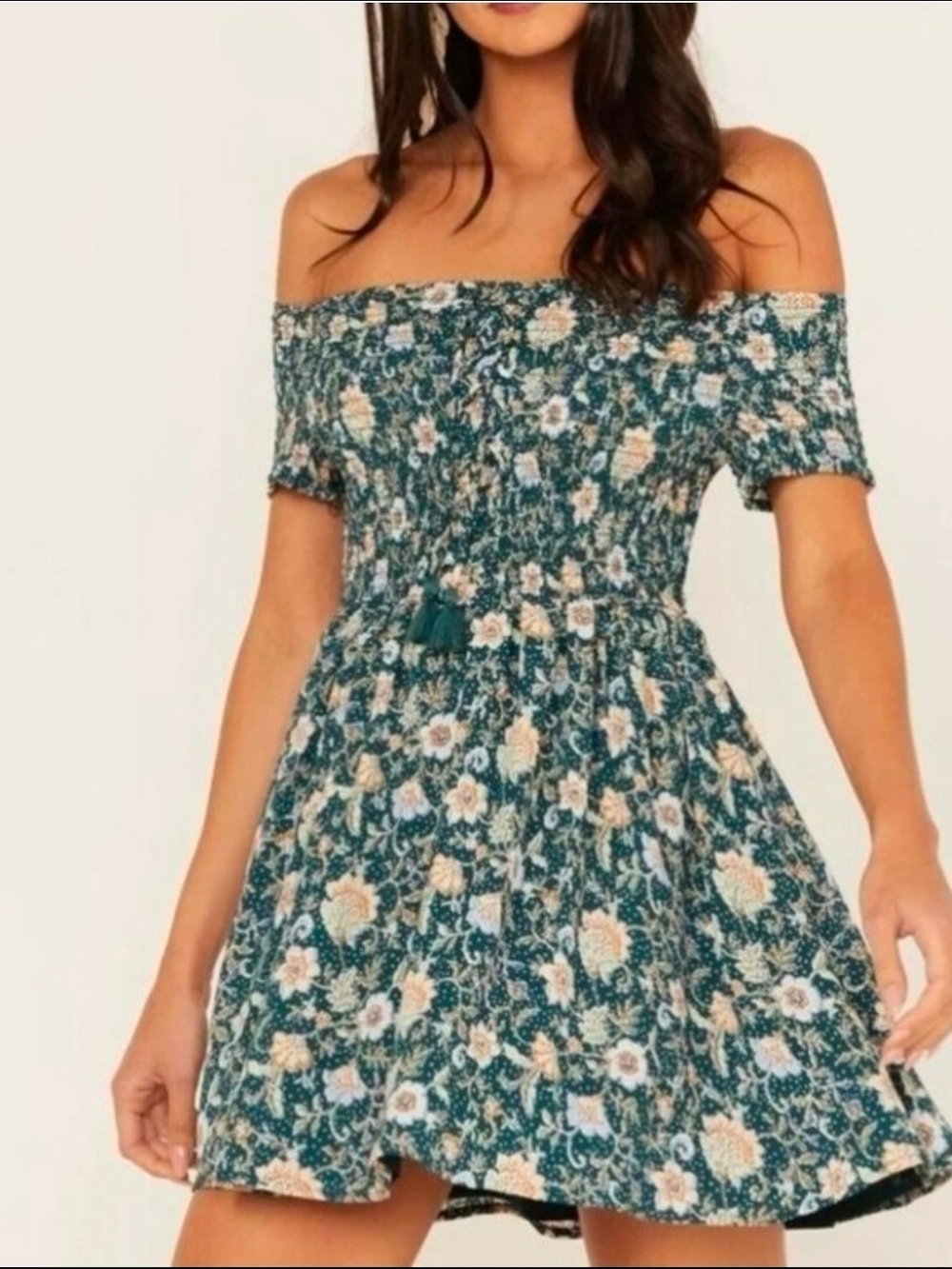 Shyanne Off The Shoulder Dress Smocked Floral Cottagecore Farmgirl Large